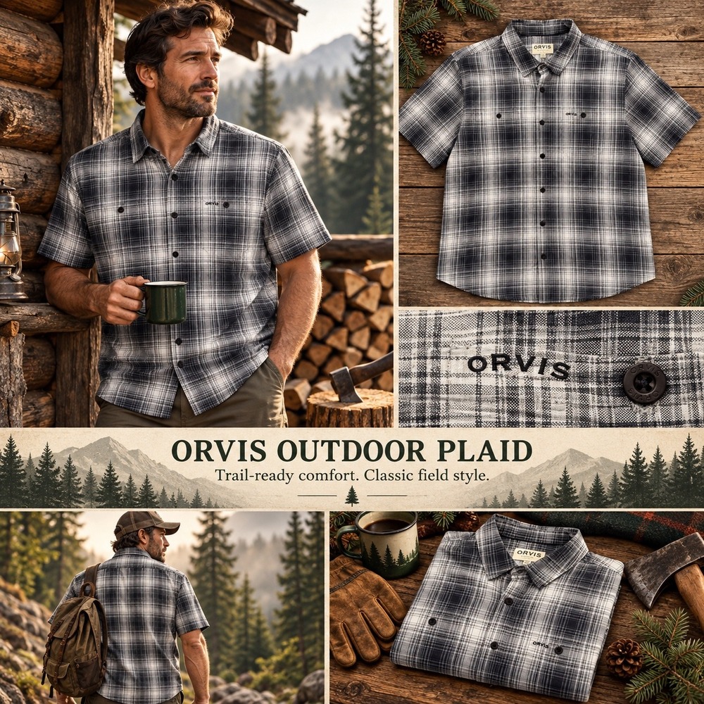 Orvis Classic Collection Mens XXL Plaid Short Sleeve Button Down Shirt Navy Blue